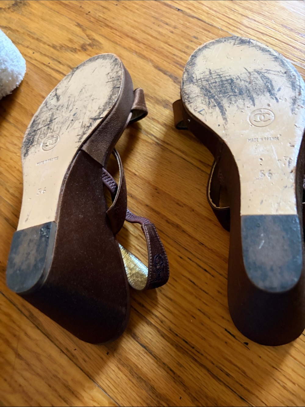 CHANEL Brown Suede Block Heel Sandals